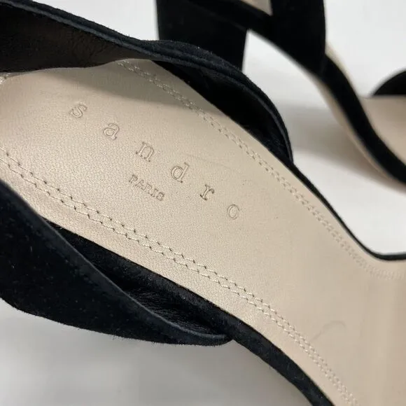 SANDRO Paris Strappy Sandals Womens 40 US 9 Black Suede 4&quot; Heels Ankle-Strap