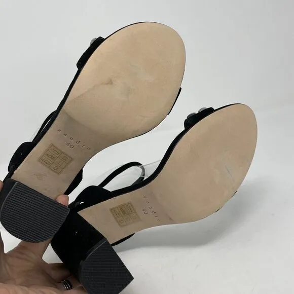 SANDRO Paris Strappy Sandals Womens 40 US 9 Black Suede 4&quot; Heels Ankle-Strap