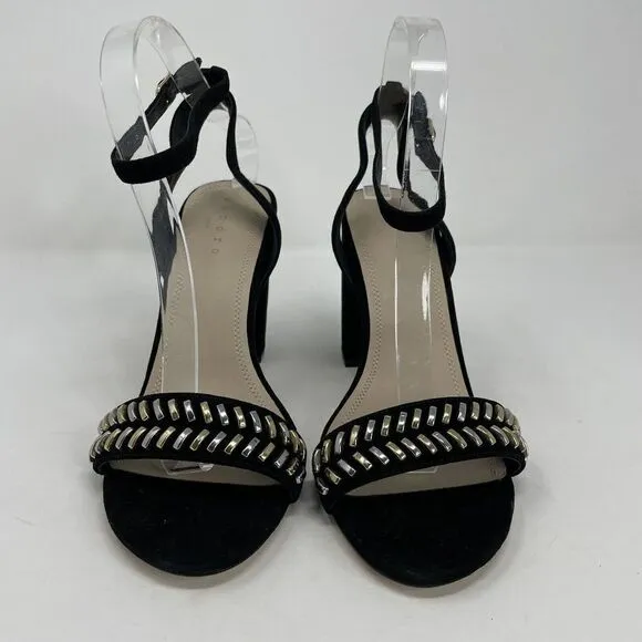 SANDRO Paris Strappy Sandals Womens 40 US 9 Black Suede 4&quot; Heels Ankle-Strap