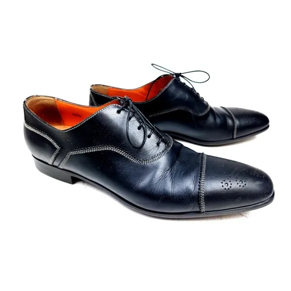 SANTONI Black Salem Cap Toe Derby SHOES 11 D Made in Italy