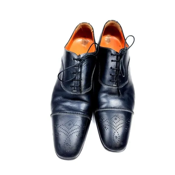 SANTONI Black Salem Cap Toe Derby SHOES 11 D Made in Italy