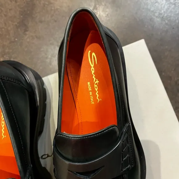 Santoni Green Leather Slip-On Loafers