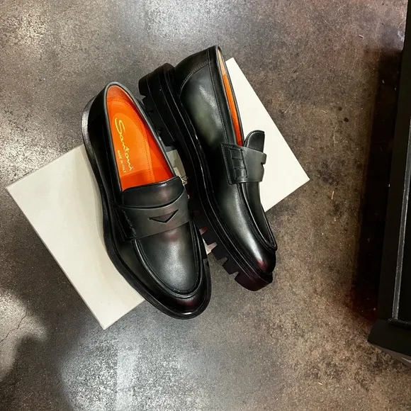 Santoni Green Leather Slip-On Loafers