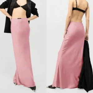 Satin light pink fitted maxi skirt