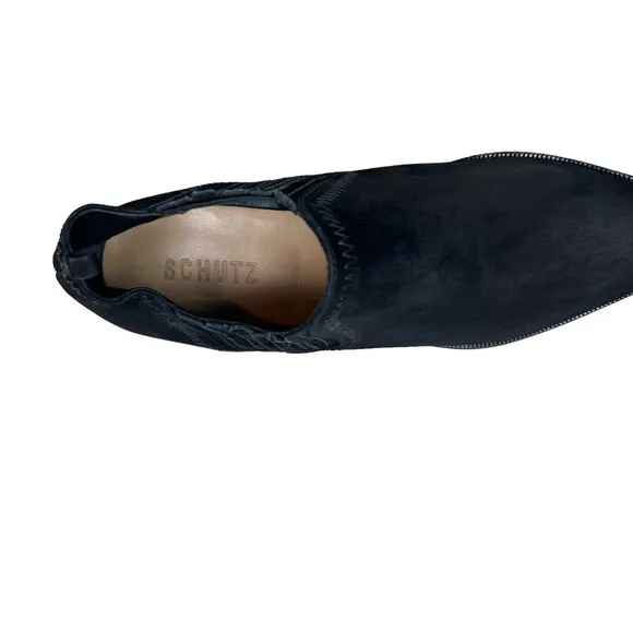 Schutz Jaqueline Bootie Black Nubuck Pull Up Side Gore Pointed Toe Women Sz 7.5B