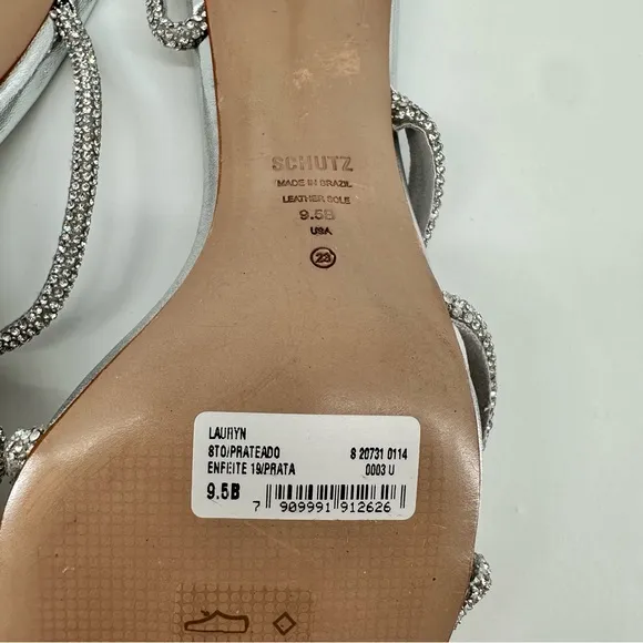 Schutz Lauryn Silver Rhinestone Strappy Heeled Sandals size 9.5 Metallic Crystal