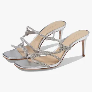 Schutz Lauryn Silver Rhinestone Strappy Heeled Sandals size 9.5 Metallic Crystal