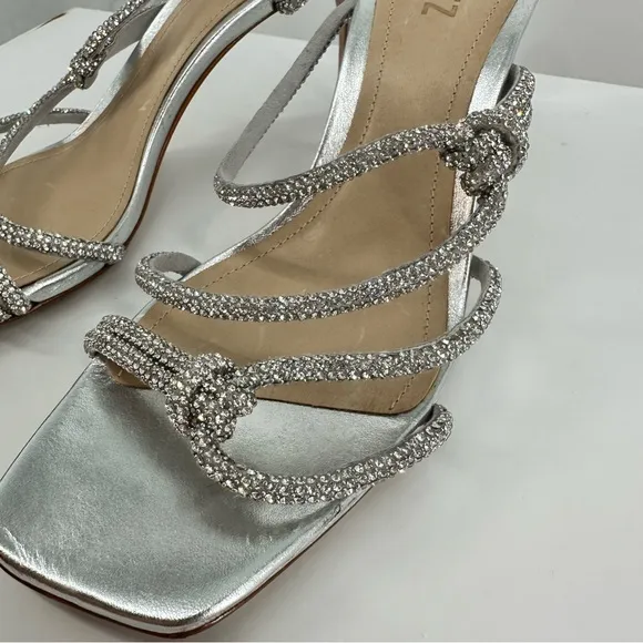 Schutz Lauryn Silver Rhinestone Strappy Heeled Sandals size 9.5 Metallic Crystal