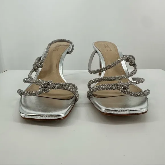 Schutz Lauryn Silver Rhinestone Strappy Heeled Sandals size 9.5 Metallic Crystal