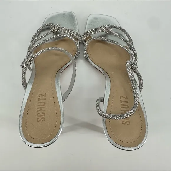 Schutz Lauryn Silver Rhinestone Strappy Heeled Sandals size 9.5 Metallic Crystal