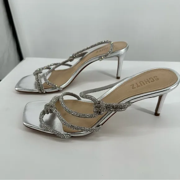 Schutz Lauryn Silver Rhinestone Strappy Heeled Sandals size 9.5 Metallic Crystal