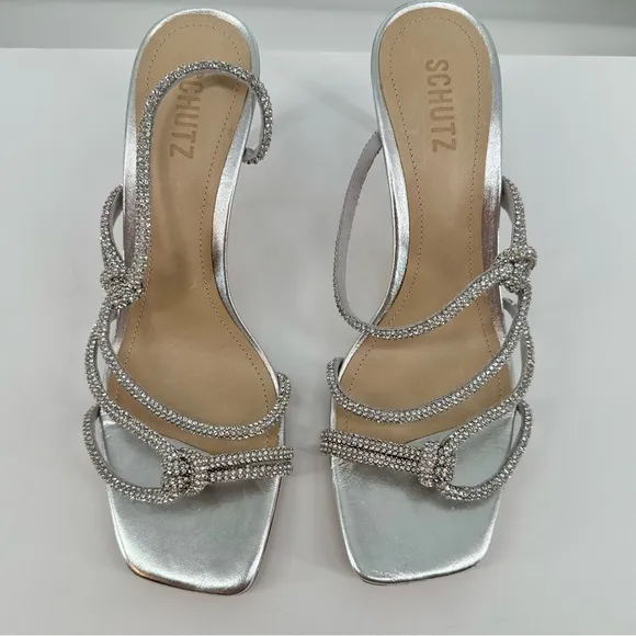 Schutz Lauryn Silver Rhinestone Strappy Heeled Sandals size 9.5 Metallic Crystal
