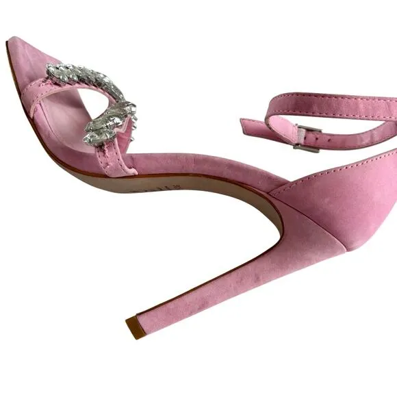 Schutz Linsey Nubuck Club Rose Pink Double Strap Stiletto Heel Sandals Size 8.5