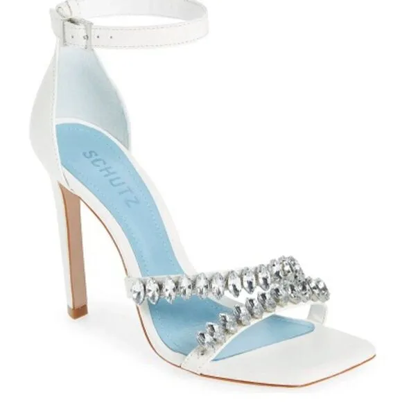 Schutz Linsey White Leather Rhinestone Ankle Strap High Heel Sandal Size 11