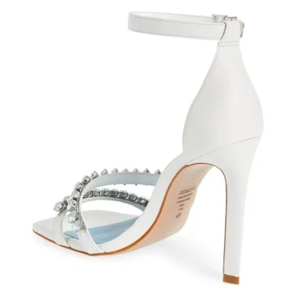 Schutz Linsey White Leather Rhinestone Ankle Strap High Heel Sandal Size 11