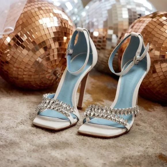 Schutz Linsey White Leather Rhinestone Ankle Strap High Heel Sandal Size 11