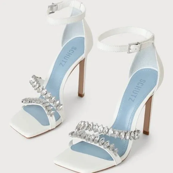Schutz Linsey White Leather Rhinestone Ankle Strap High Heel Sandal Size 11