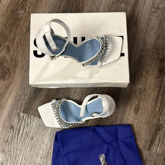 Schutz Linsey White Leather Rhinestone Ankle Strap High Heel Sandal Size 11
