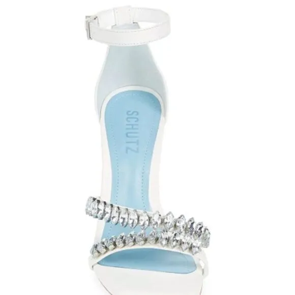 Schutz Linsey White Leather Rhinestone Ankle Strap High Heel Sandal Size 11