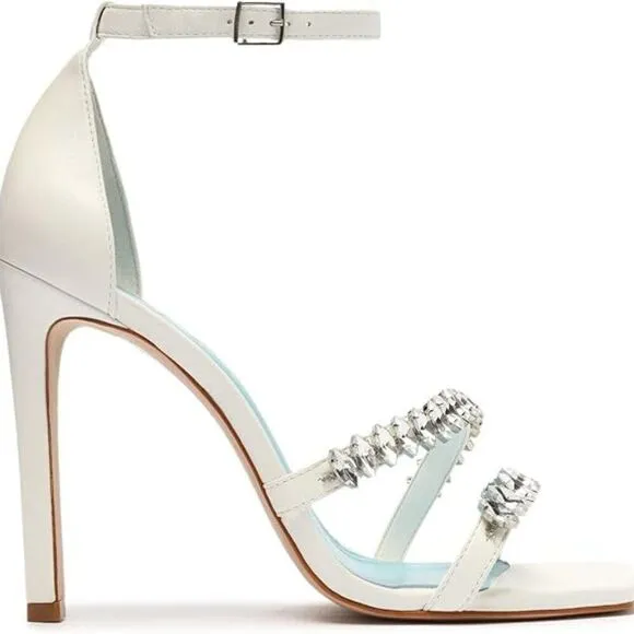 Schutz Linsey White Leather Rhinestone Ankle Strap High Heel Sandal Size 11
