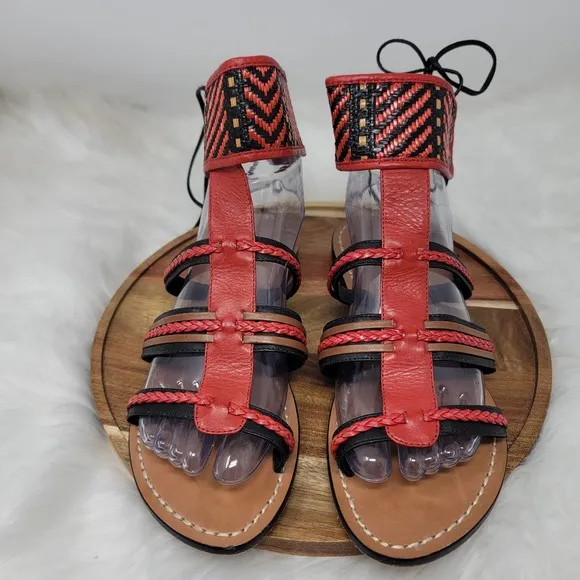 Schutz Red/Black Aztec Leather Strappy Sandals 8B