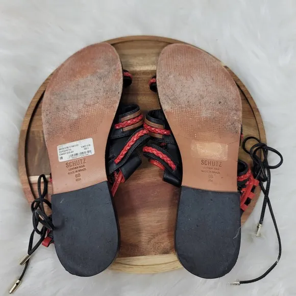 Schutz Red/Black Aztec Leather Strappy Sandals 8B
