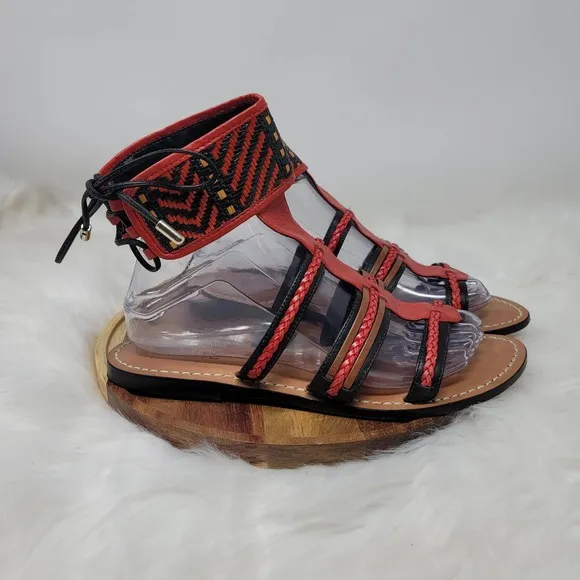 Schutz Red/Black Aztec Leather Strappy Sandals 8B