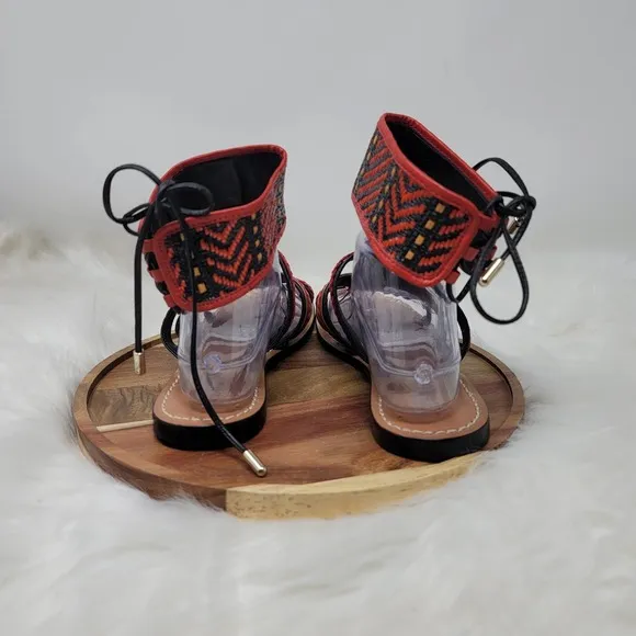 Schutz Red/Black Aztec Leather Strappy Sandals 8B