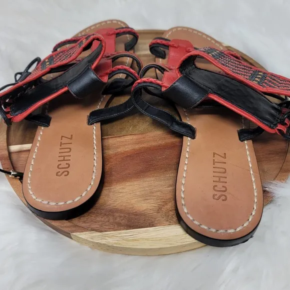 Schutz Red/Black Aztec Leather Strappy Sandals 8B