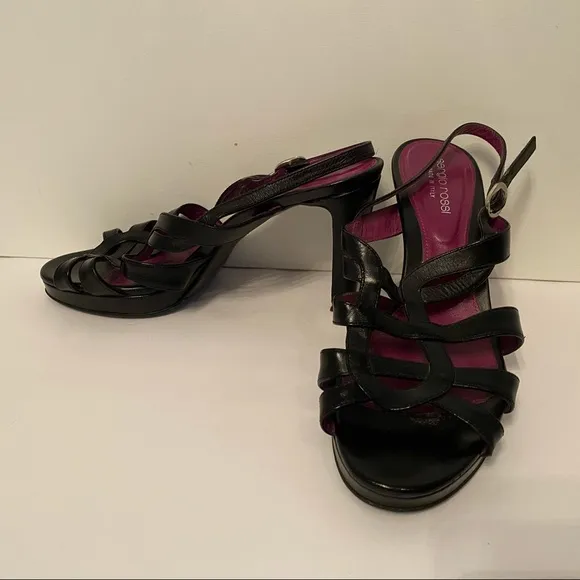 SERGIO ROSSI SHOES HIGH HEELS BLACK LEATHER ITALY STRAPPY Size 37 7