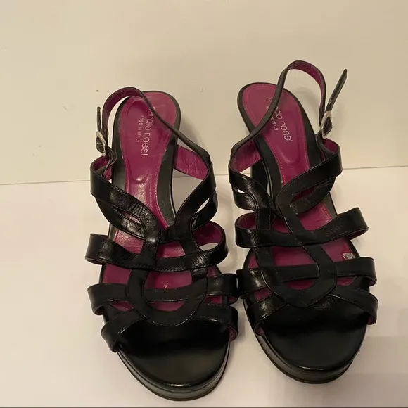 SERGIO ROSSI SHOES HIGH HEELS BLACK LEATHER ITALY STRAPPY Size 37 7