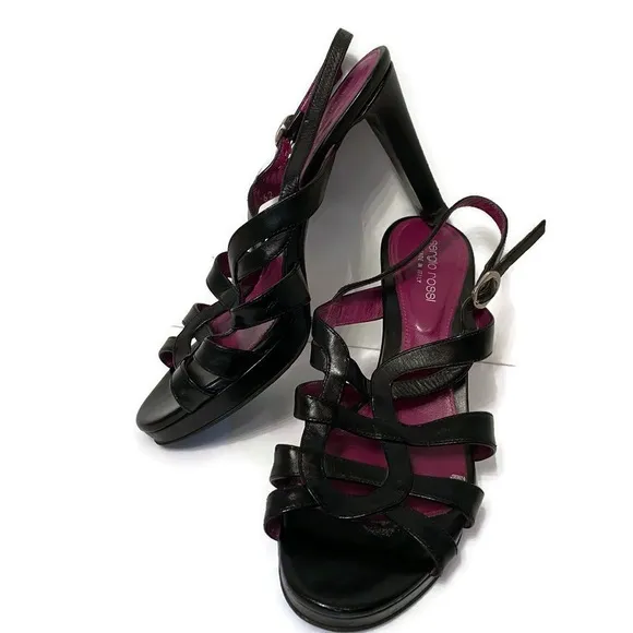 SERGIO ROSSI SHOES HIGH HEELS BLACK LEATHER ITALY STRAPPY Size 37 7