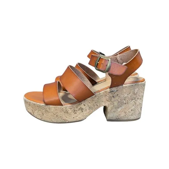 Seychelles Wendy Strappy Cork Platform Sandals Leather Brown Womens 8 Anthro