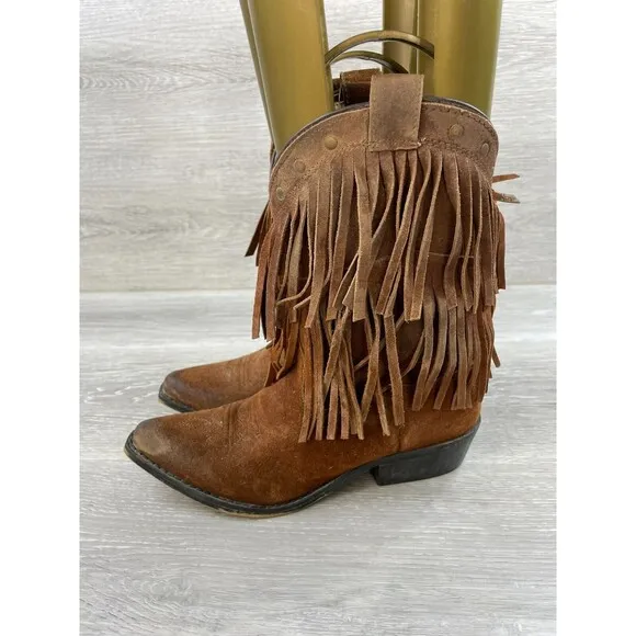 Shyanne 43514 Girls   Brown Leather Double Fringe Snip  Toe Western Boot Sz 3