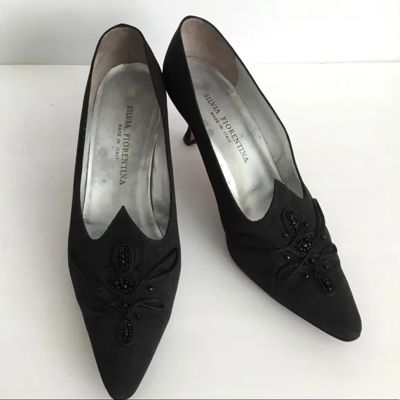 Silvia Fiorentina Black Shoes Heels Beaded Sz 9.5