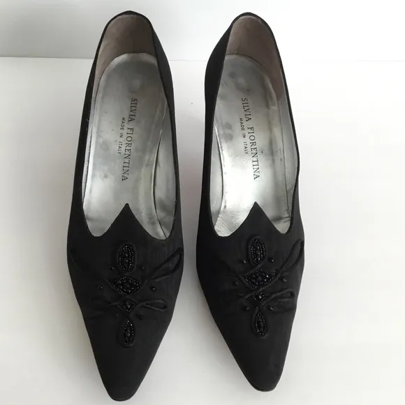 Silvia Fiorentina Black Shoes Heels Beaded Sz 9.5