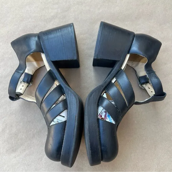 Skechers Black Chunky Heel Strappy Mary Janes Closed Toe Ankle Strap Sandals Vtg