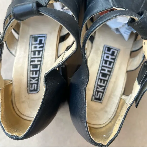 Skechers Black Chunky Heel Strappy Mary Janes Closed Toe Ankle Strap Sandals Vtg