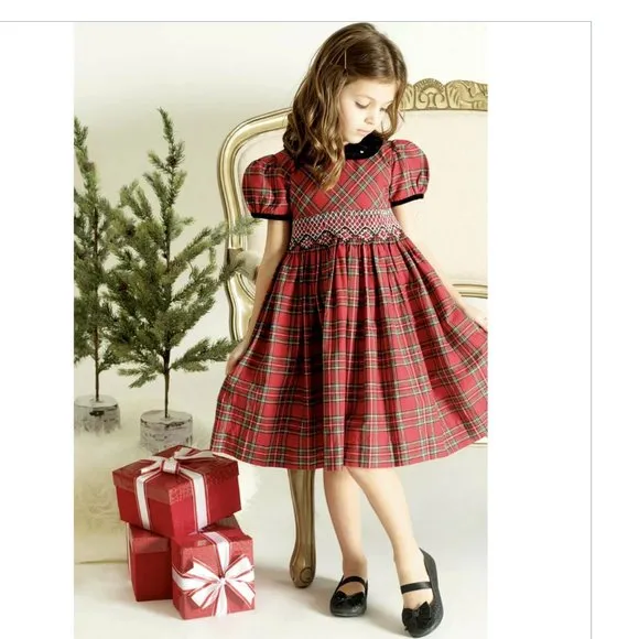 Smocked Red Tartan Plaid Black Velvet Traditional Dress Boutique size 2T NWT