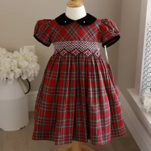 Smocked Red Tartan Plaid Black Velvet Traditional Dress Boutique size 2T NWT