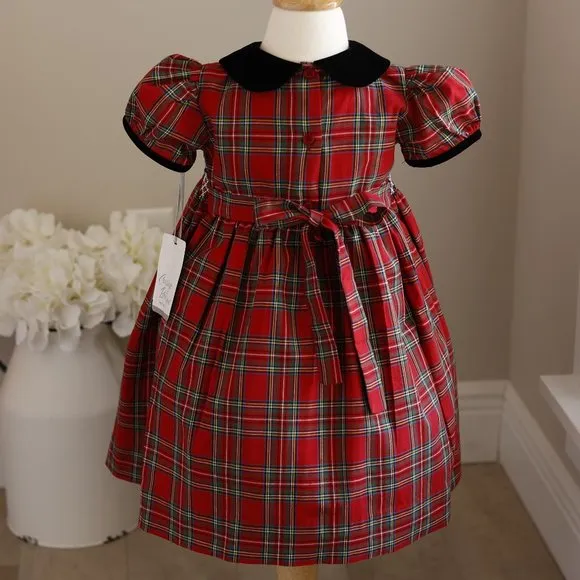 Smocked Red Tartan Plaid Black Velvet Traditional Dress Boutique size 2T NWT