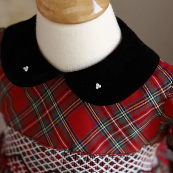 Smocked Red Tartan Plaid Black Velvet Traditional Dress Boutique size 2T NWT