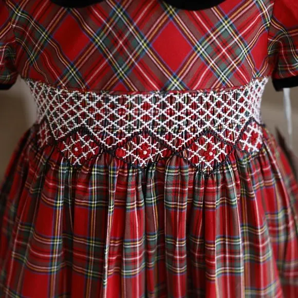 Smocked Red Tartan Plaid Black Velvet Traditional Dress Boutique size 2T NWT