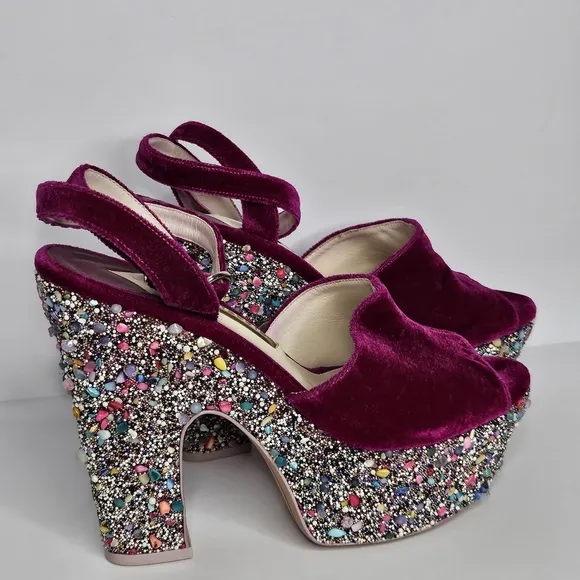 Sophia Webster Havisham Embellished Velvet Platform Sandals Size 38 US 7.5