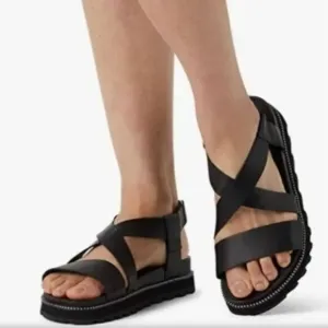 Sorel Women's Black Roaming Leather Embellished Flatform Sandals Size 9.5