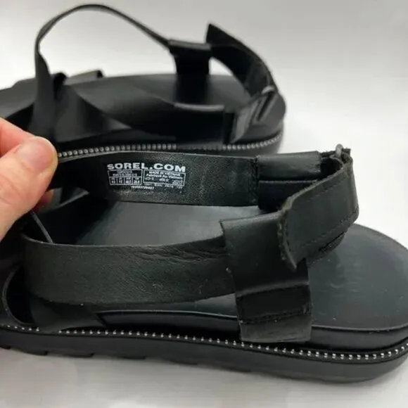 Sorel Women's Black Roaming Leather Embellished Flatform Sandals Size 9.5