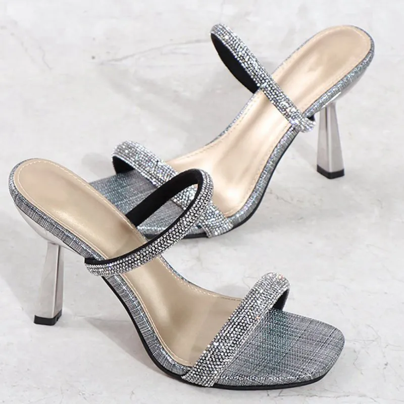 Square Toe Rhinestone Stiletto Sandals