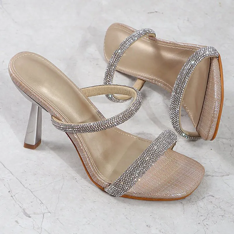 Square Toe Rhinestone Stiletto Sandals