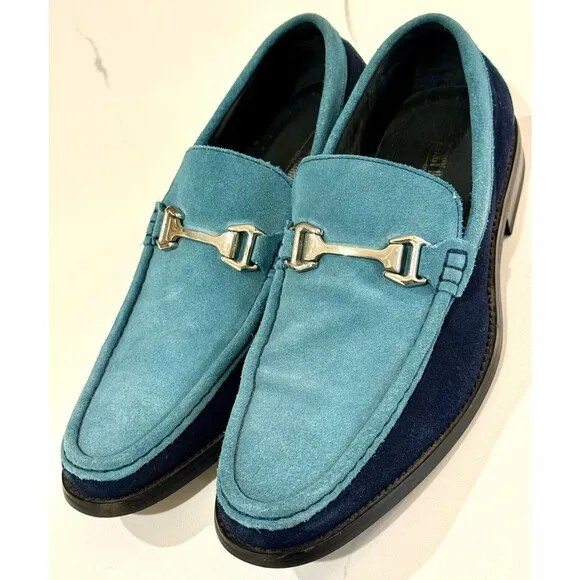 Stacy Adams Men's Flynn Slip-On Loafer Navy Teal Blue Suede Shoes Buckle Sz 9.5