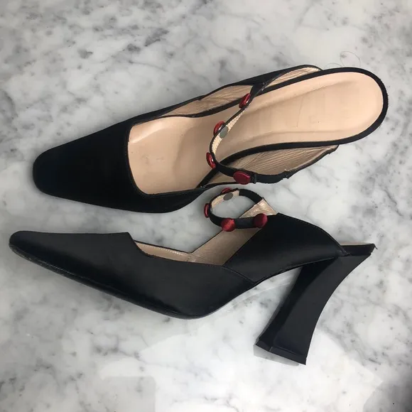 STAUD satin w/ bottons trim Elegant Black Slingback Heels Size 41